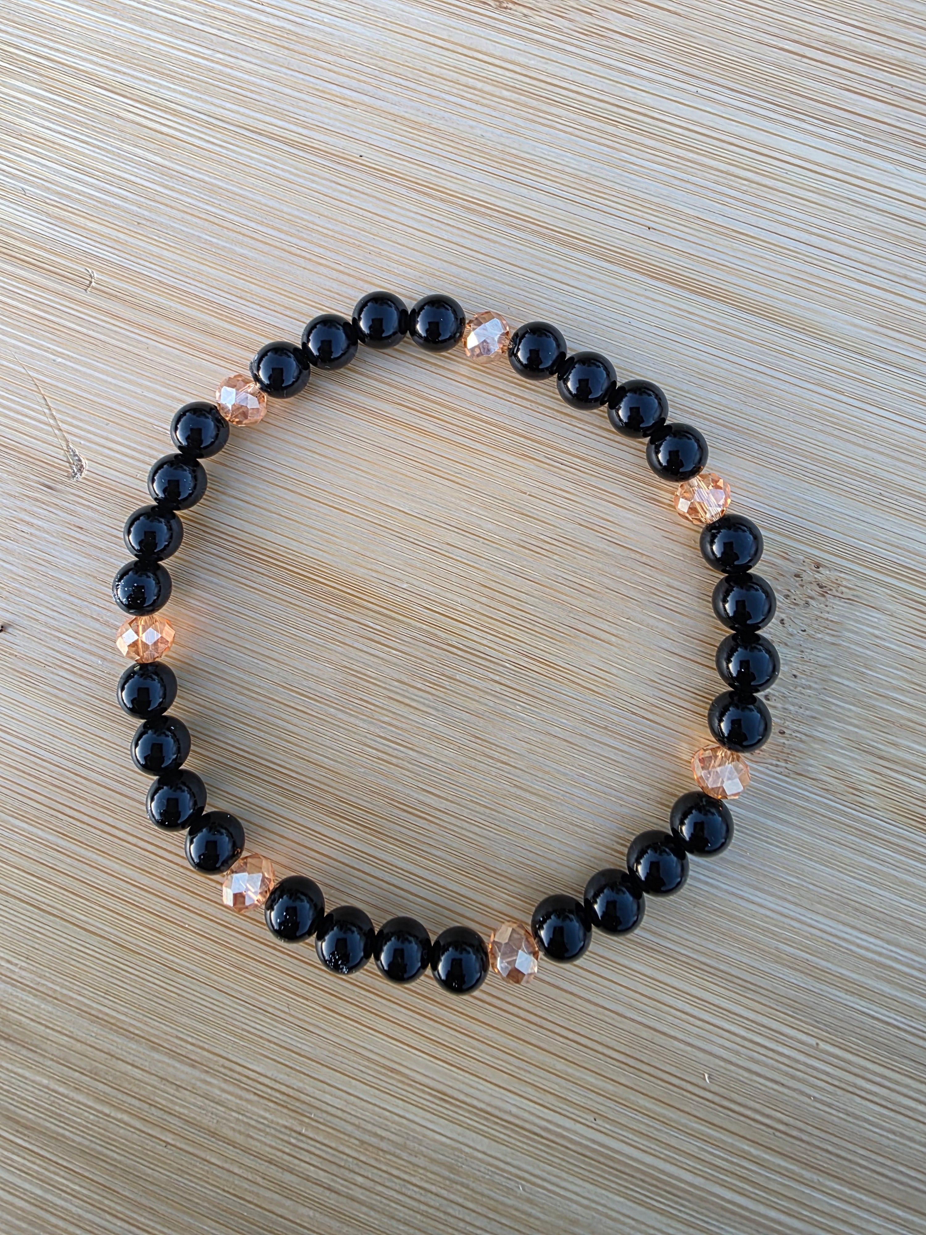 Meli Black Onyx & Blush Crystal Bracelet – Elegant Minimalist Stretch BraceletMeli Black Onyx & Blush Crystal Bracelet – Elegant Minimalist Stretch Bracelet